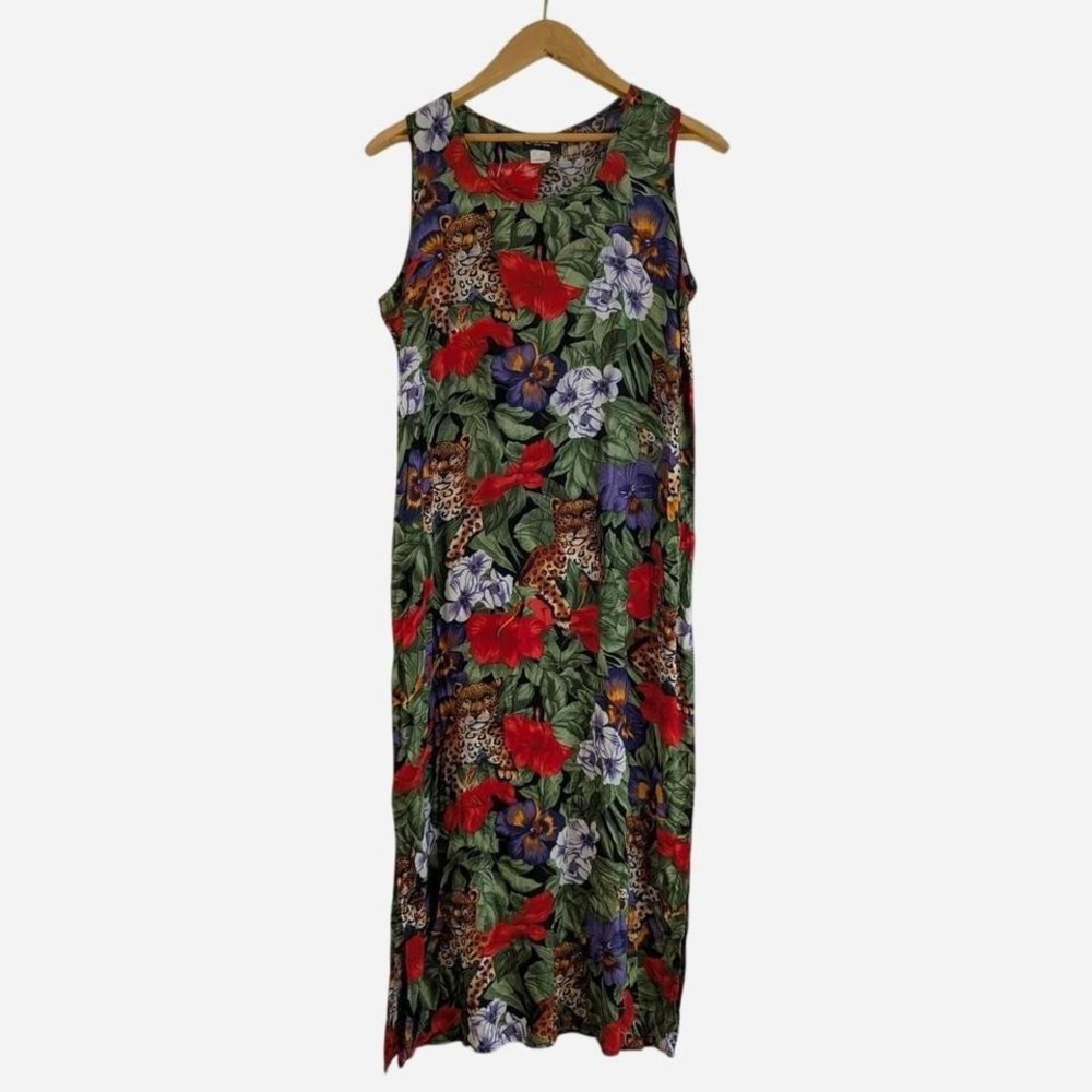 Vintage 90s Caribou New York Leopard Jungle Novelty Print Maxi Dress Large